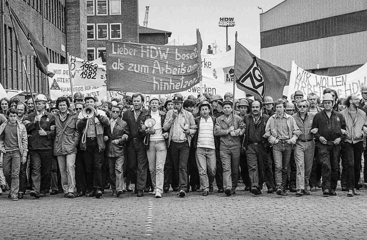 Demonstration im Zuge der Besetzung der HDW-Werft Hamburg, 12.9.1983. Foto: Michael Meyborg