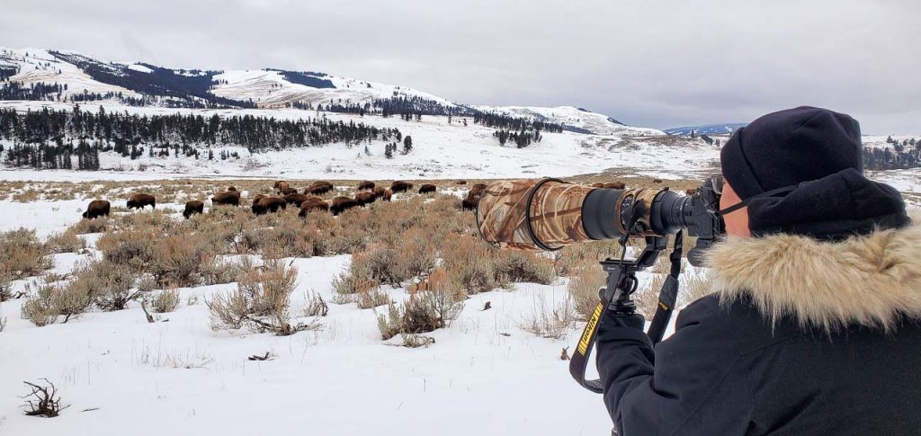 Projekt "Yellowstone im Winter": Holger Rüdel im Einsatz mit der Nikon Z 8 und dem AF-S Nikkor 400 mm 1:2,8E FL ED VR (plus TC-14E III). Foto: Marcus Peacock.